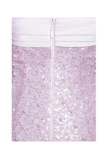 PINK SATIN SEQUIN PEARLS BEADED MAXI DRESS