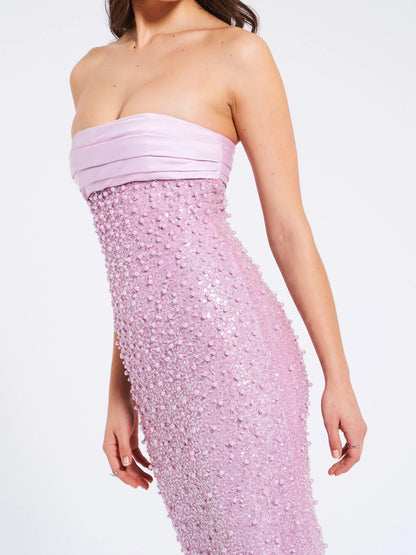 PINK SATIN SEQUIN PEARLS BEADED MAXI DRESS