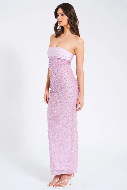 PINK SATIN SEQUIN PEARLS BEADED MAXI DRESS