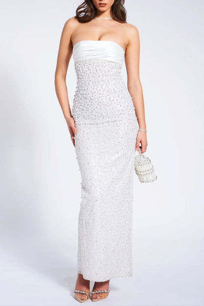 WHITE SATIN SEQUIN PEARLS BEADED MAXI DRESS