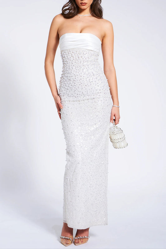 WHITE SATIN SEQUIN PEARLS BEADED MAXI DRESS