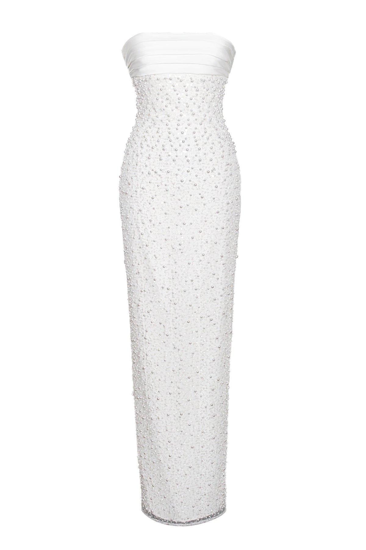 WHITE SATIN SEQUIN PEARLS BEADED MAXI DRESS