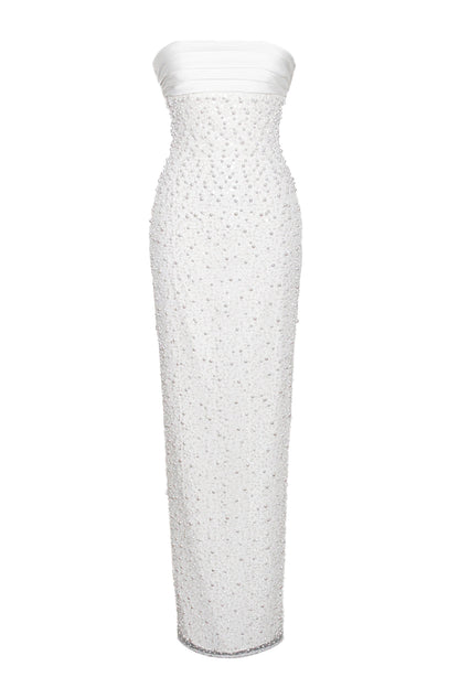 WHITE SATIN SEQUIN PEARLS BEADED MAXI DRESS