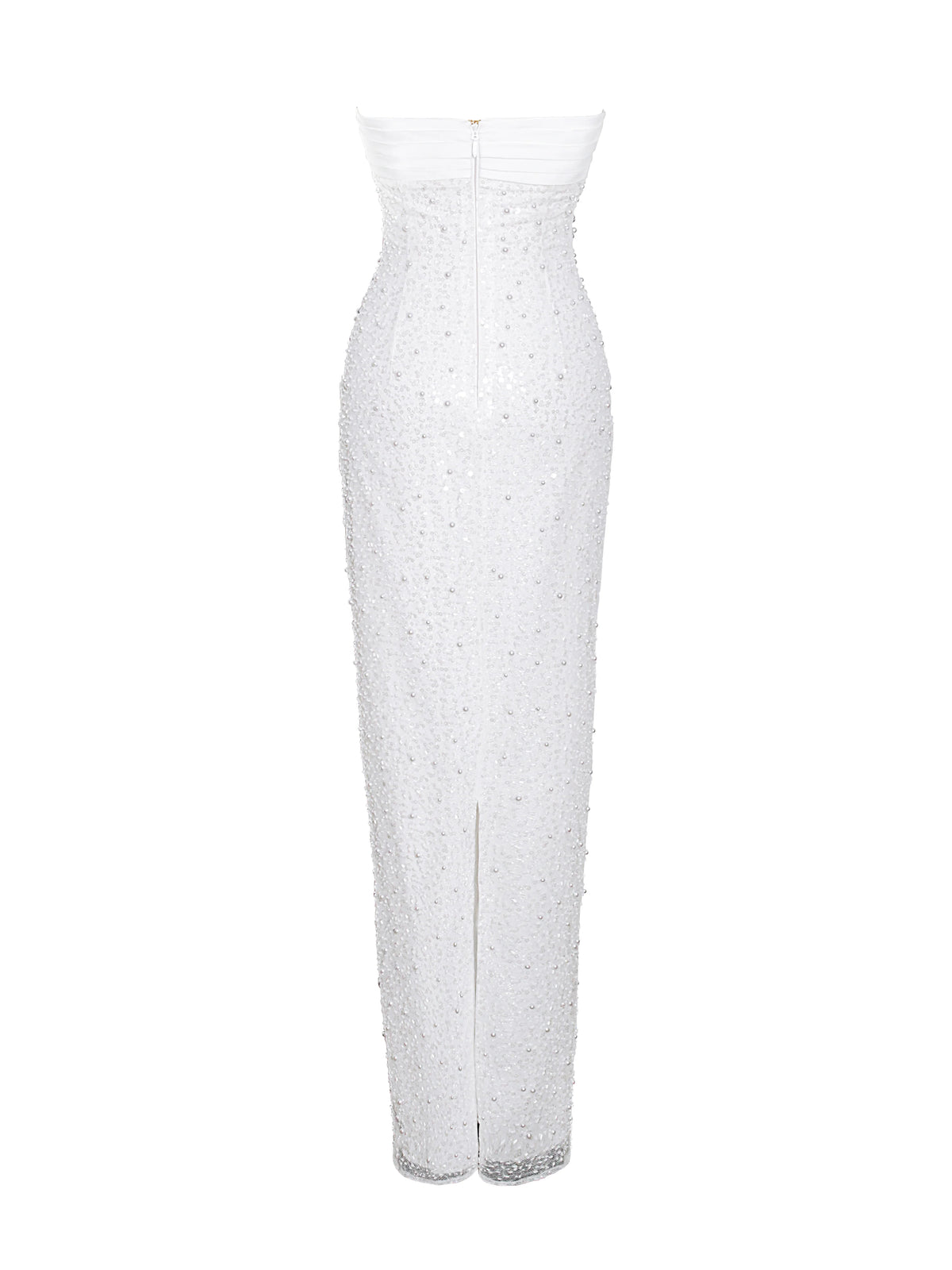 WHITE SATIN SEQUIN PEARLS BEADED MAXI DRESS