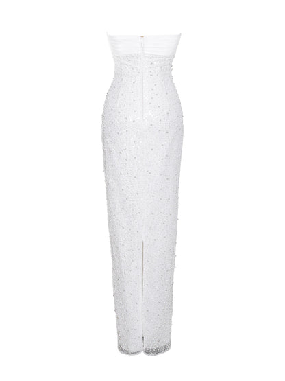 WHITE SATIN SEQUIN PEARLS BEADED MAXI DRESS