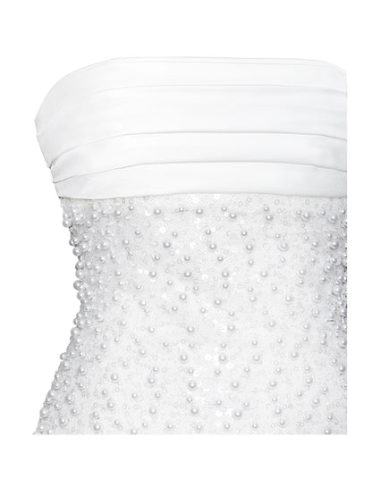 WHITE SATIN SEQUIN PEARLS BEADED MAXI DRESS