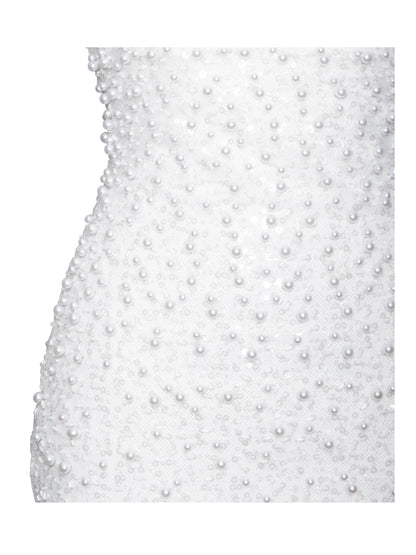WHITE SATIN SEQUIN PEARLS BEADED MAXI DRESS