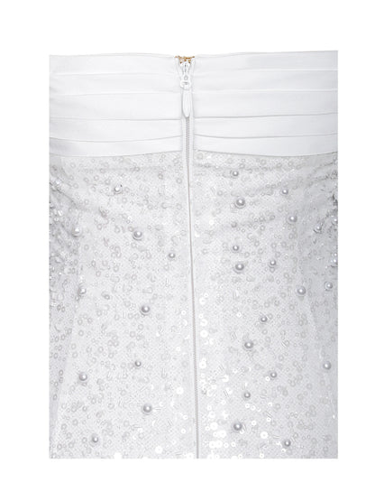 WHITE SATIN SEQUIN PEARLS BEADED MAXI DRESS