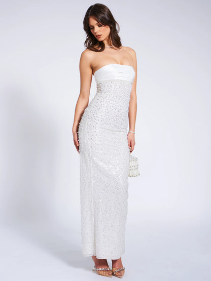 WHITE SATIN SEQUIN PEARLS BEADED MAXI DRESS