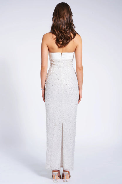 WHITE SATIN SEQUIN PEARLS BEADED MAXI DRESS