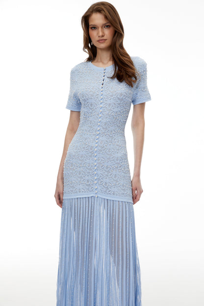 pandora Embellished Pleated Maxi Dress - blue