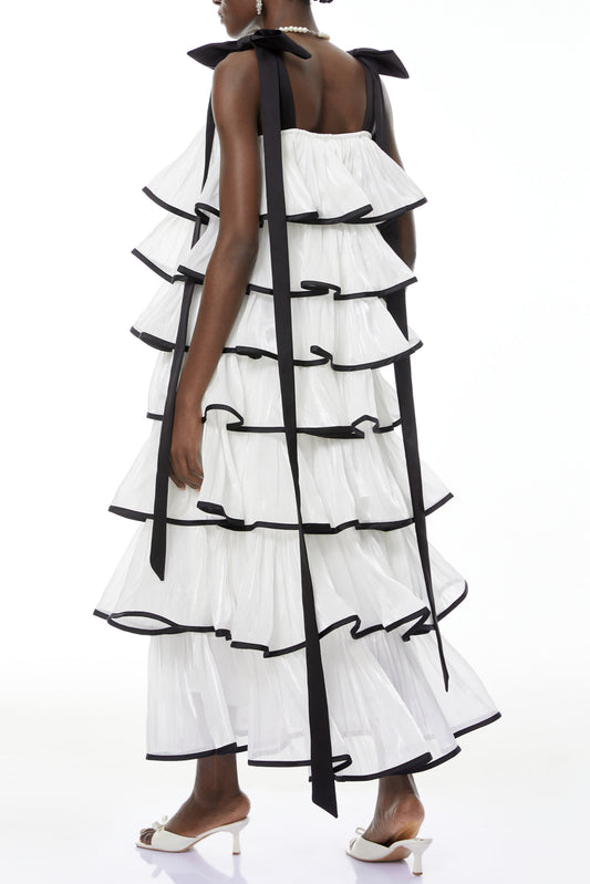 mandy White layer Ruffled Maxi Dress with Bows