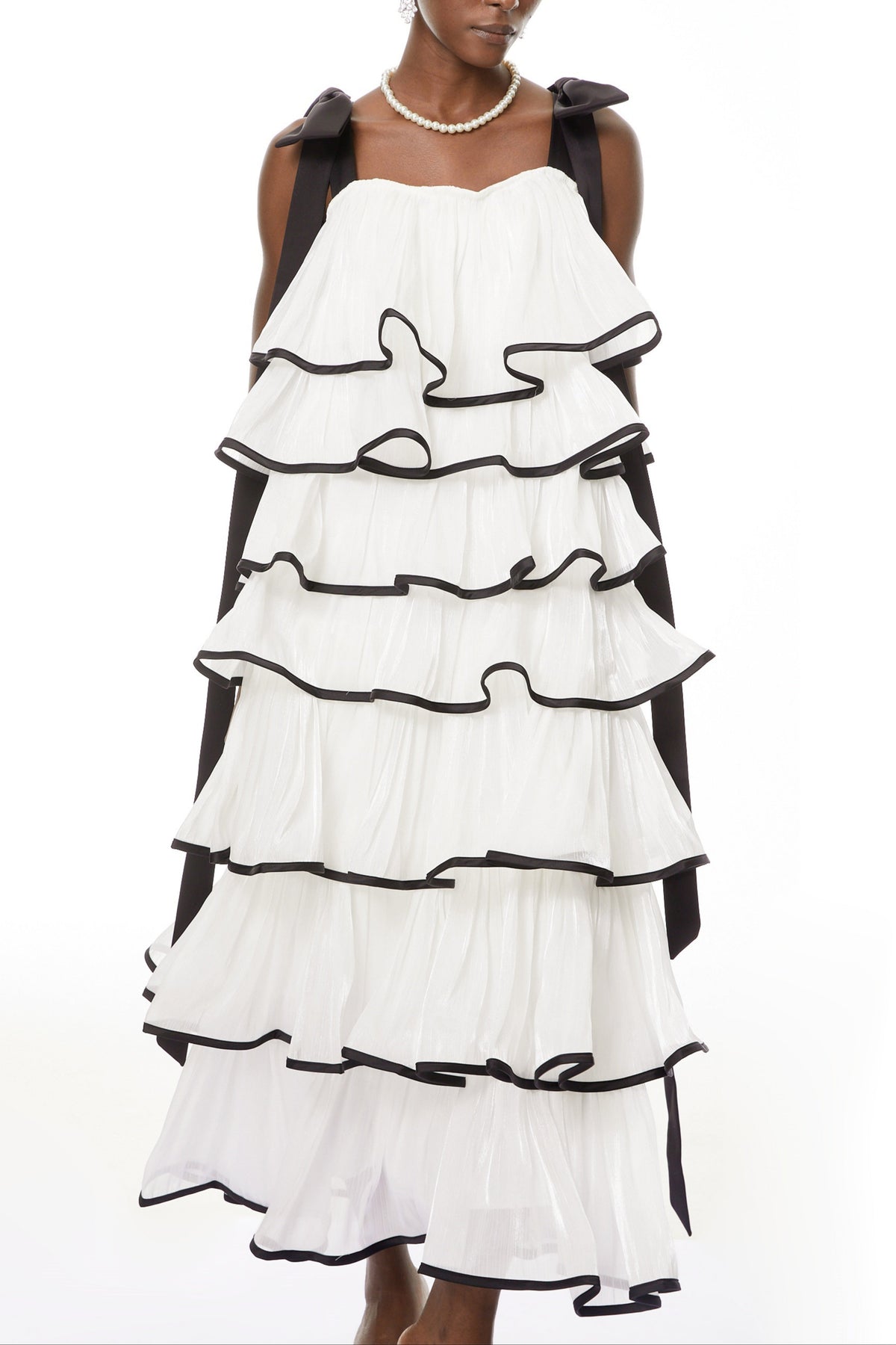 mandy White layer Ruffled Maxi Dress with Bows