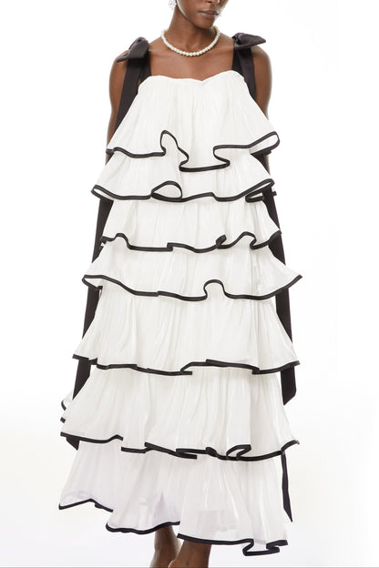 mandy White layer Ruffled Maxi Dress with Bows
