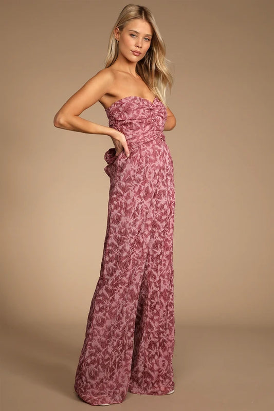 Organza Ruched Strapless Wide-Leg Jumpsuit