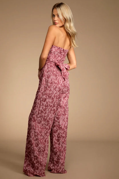 Organza Ruched Strapless Wide-Leg Jumpsuit
