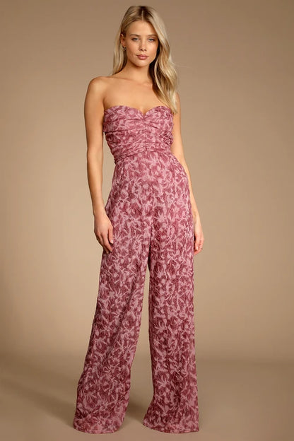 Organza Ruched Strapless Wide-Leg Jumpsuit