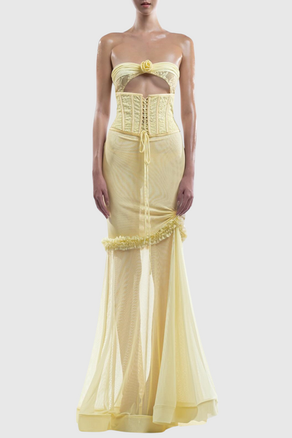 Mesh Cutout Corset Maxi Dress - Yellow