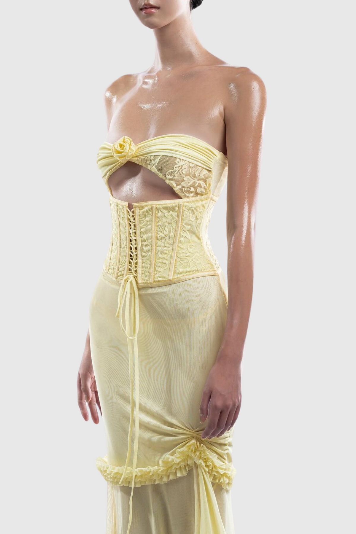 Mesh Cutout Corset Maxi Dress - Yellow