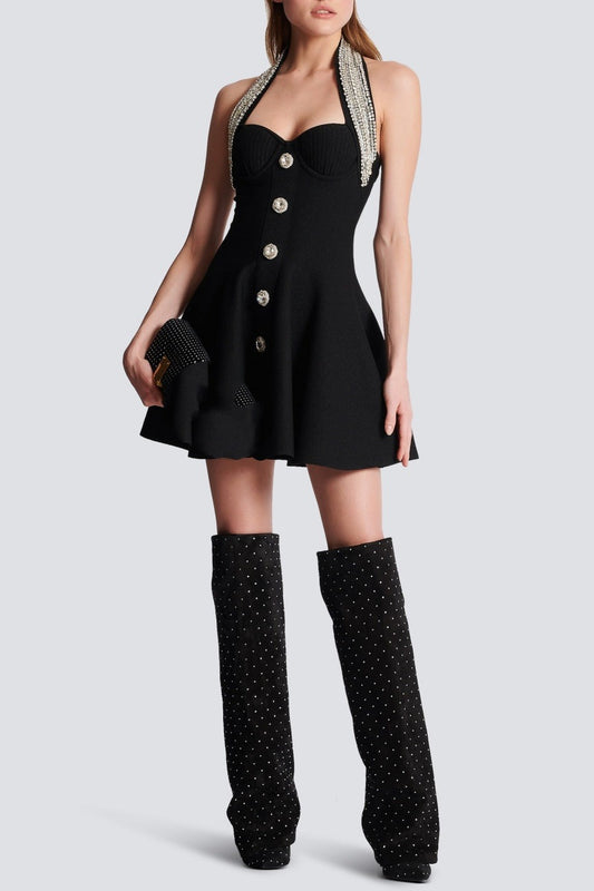 Halter buckle mini dresses in black