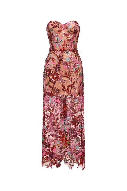 arabela CHACHI RED STRAPLESS FLOWER EMBROIDERY MAXI DRESS
