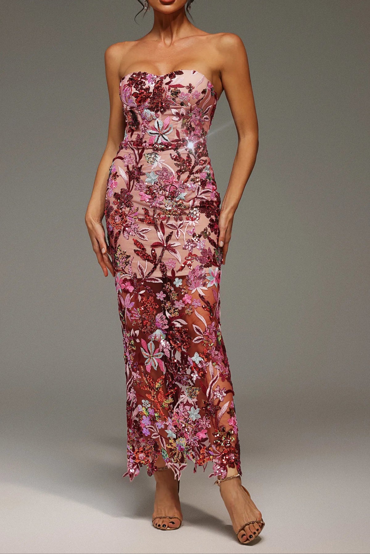 arabela CHACHI RED STRAPLESS FLOWER EMBROIDERY MAXI DRESS