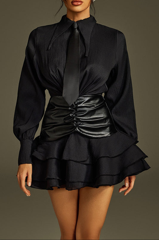 mandy Collar Ruched Ruffle Mini Dress in black