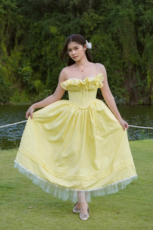 ruffle corset puffy maxi dress in yellow