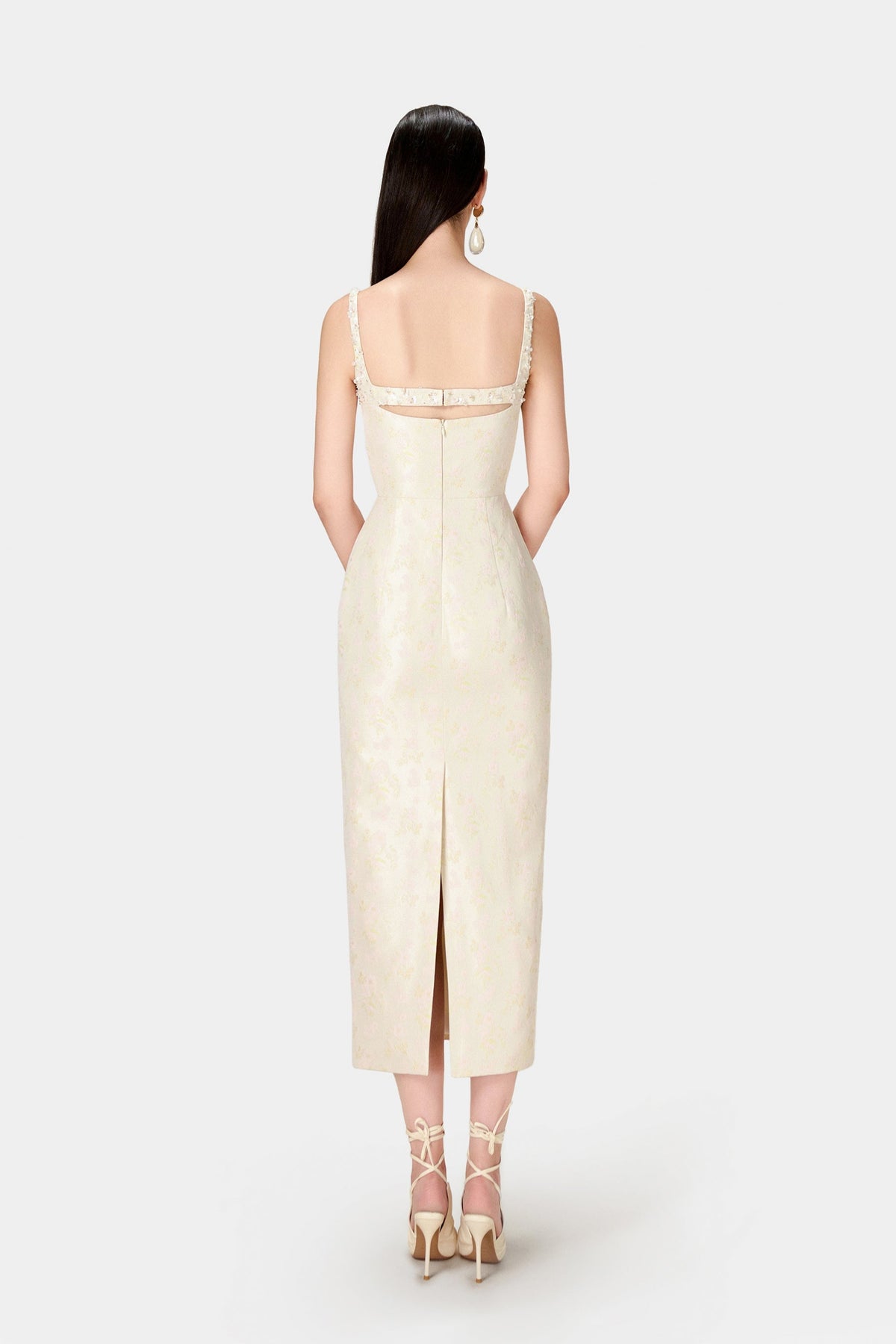 BEADED BROCADE PENCIL MIDI DRESS
