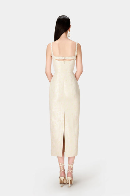BEADED BROCADE PENCIL MIDI DRESS