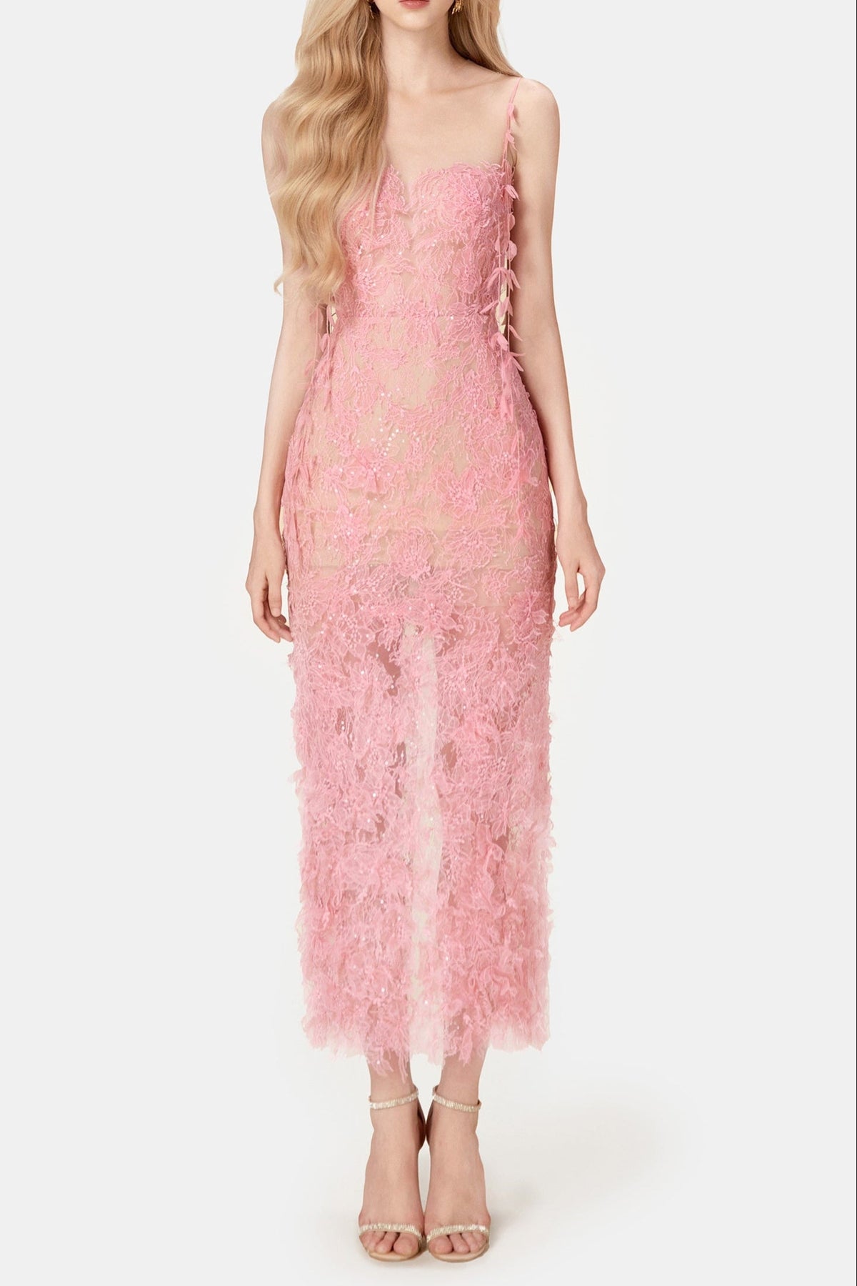 PINK BEADED LACE PENCEL DRESS