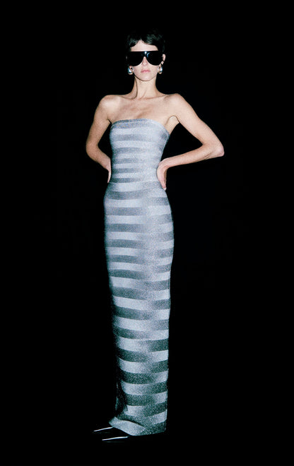 janice Grey stripes bling detail bandage maxi dress in silver