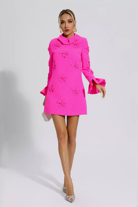 LORELAI PINK JACQUARD FLORAL LONG SLEEVE MINI DRESS