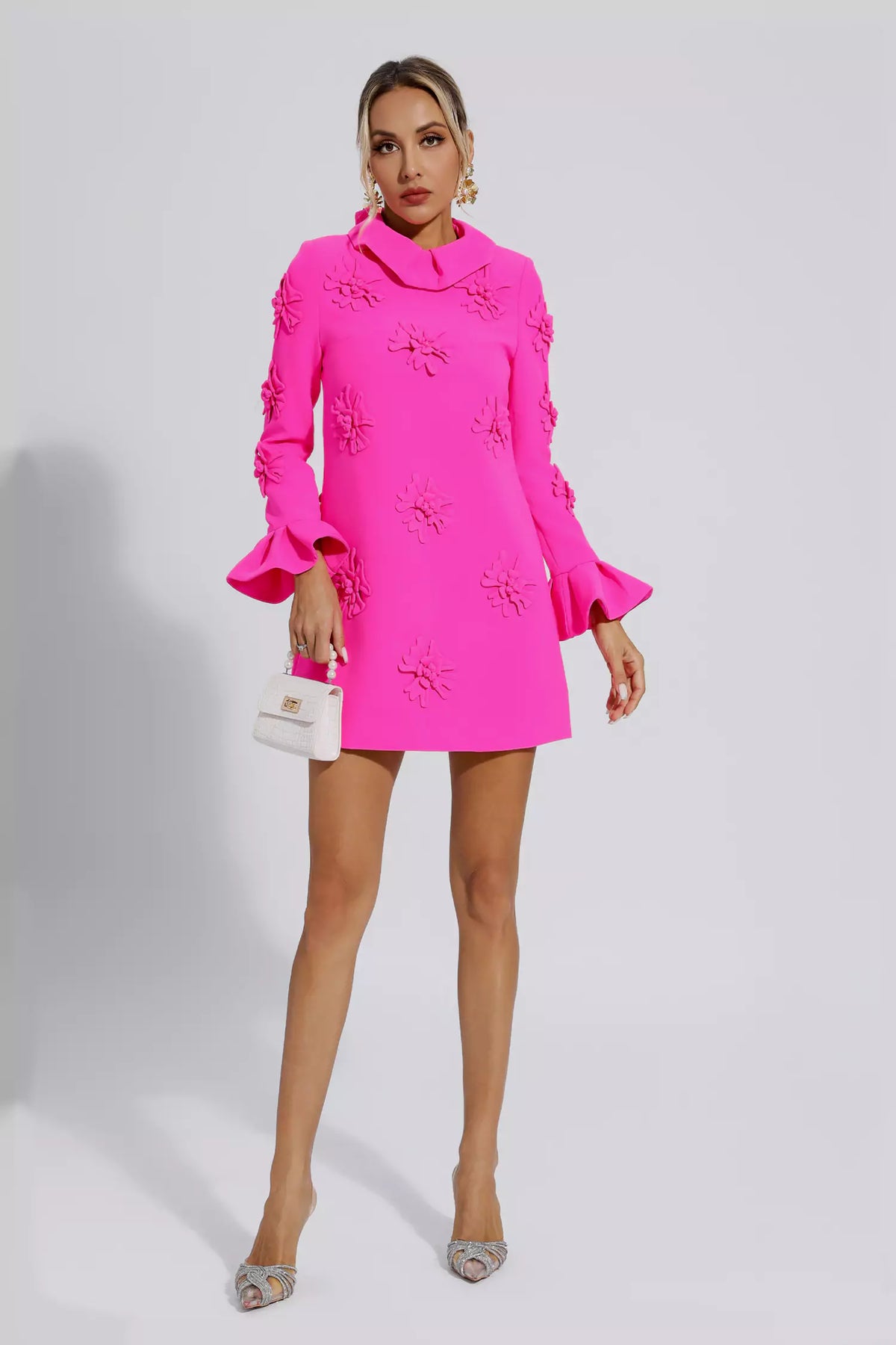 LORELAI PINK JACQUARD FLORAL LONG SLEEVE MINI DRESS