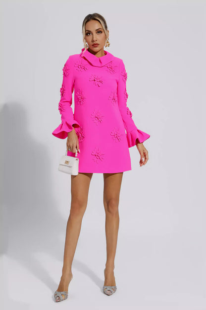 LORELAI PINK JACQUARD FLORAL LONG SLEEVE MINI DRESS