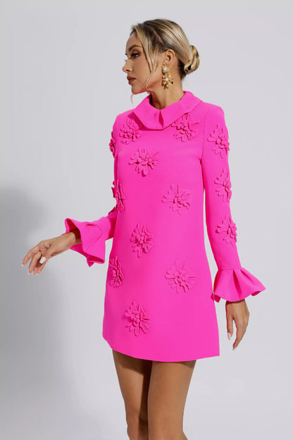 LORELAI PINK JACQUARD FLORAL LONG SLEEVE MINI DRESS