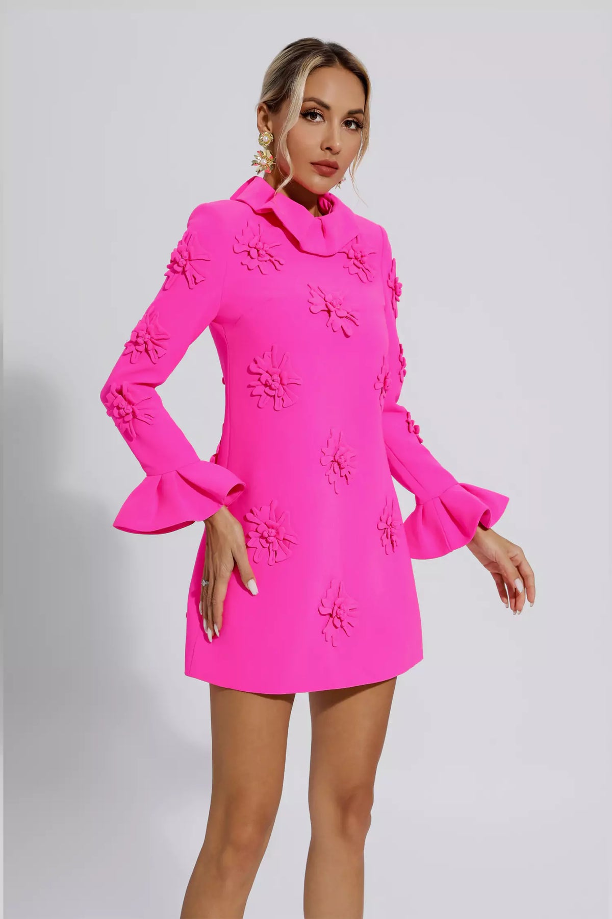 LORELAI PINK JACQUARD FLORAL LONG SLEEVE MINI DRESS