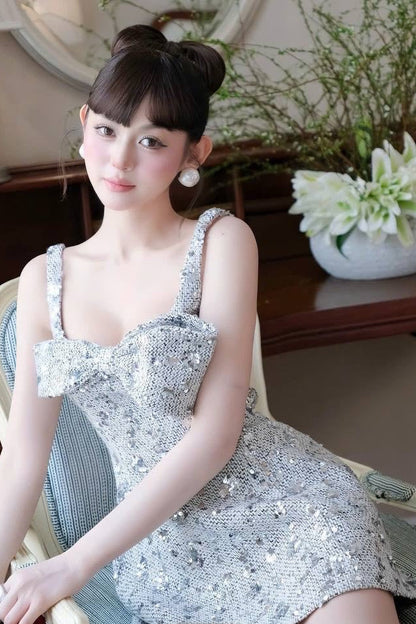 anila sequin bow slip mini dress in silver