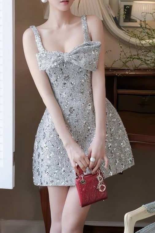 anila sequin bow slip mini dress in silver