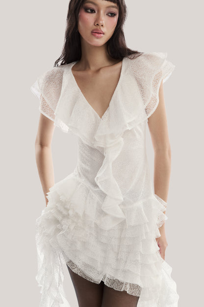 moira irregular ruffled mini dress in white
