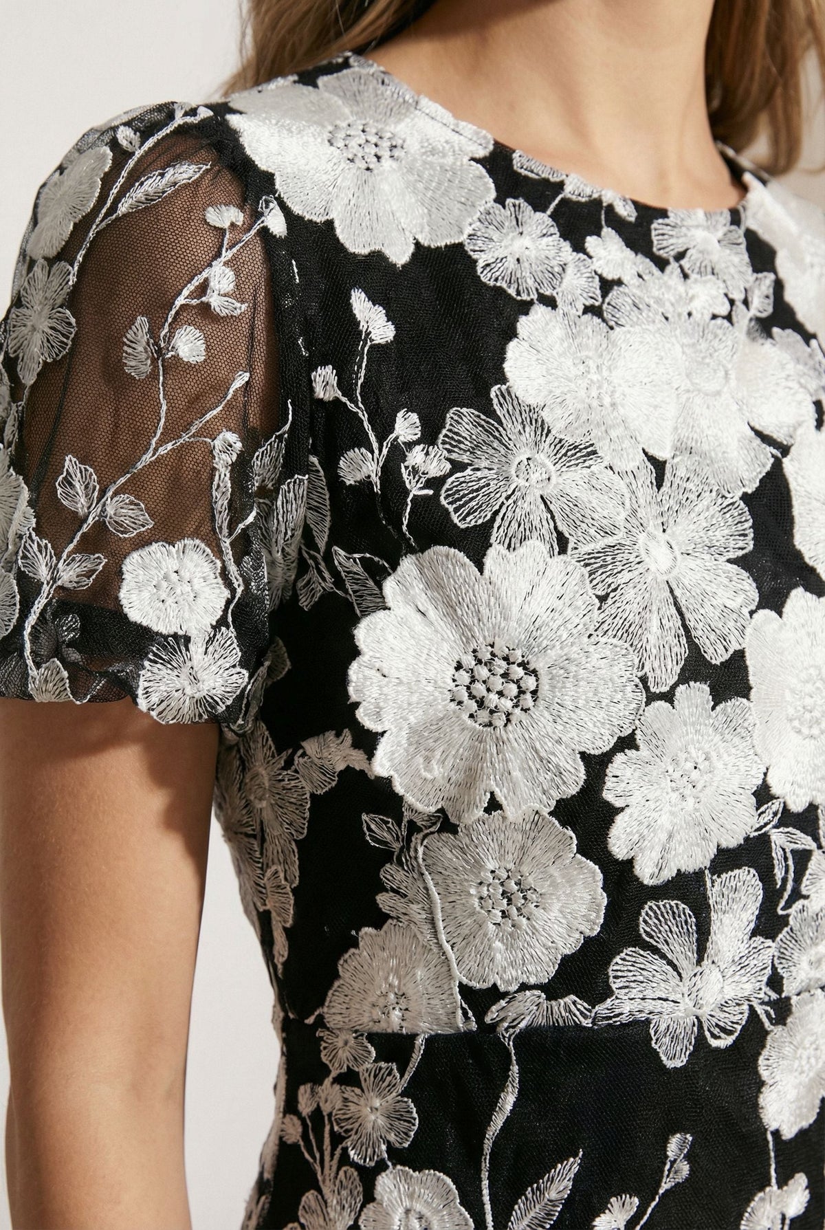 Black & White Floral Lace Midi Dress with Puff Sleeves