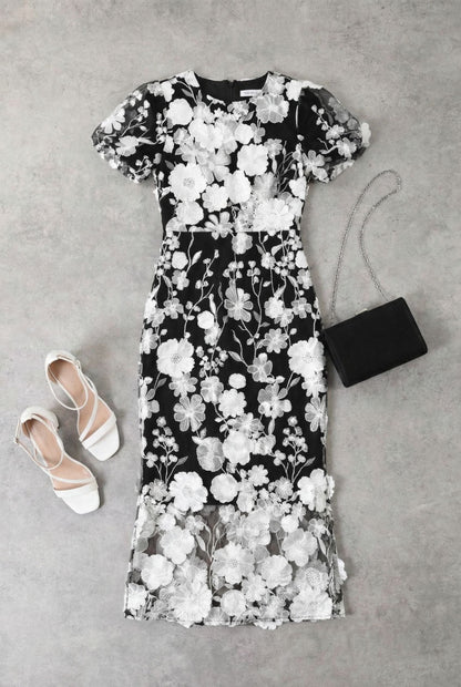 Black & White Floral Lace Midi Dress with Puff Sleeves