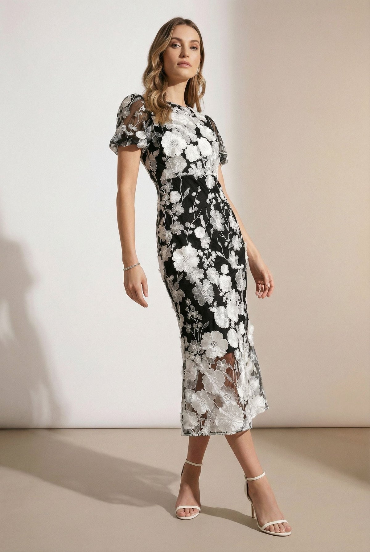 Black & White Floral Lace Midi Dress with Puff Sleeves