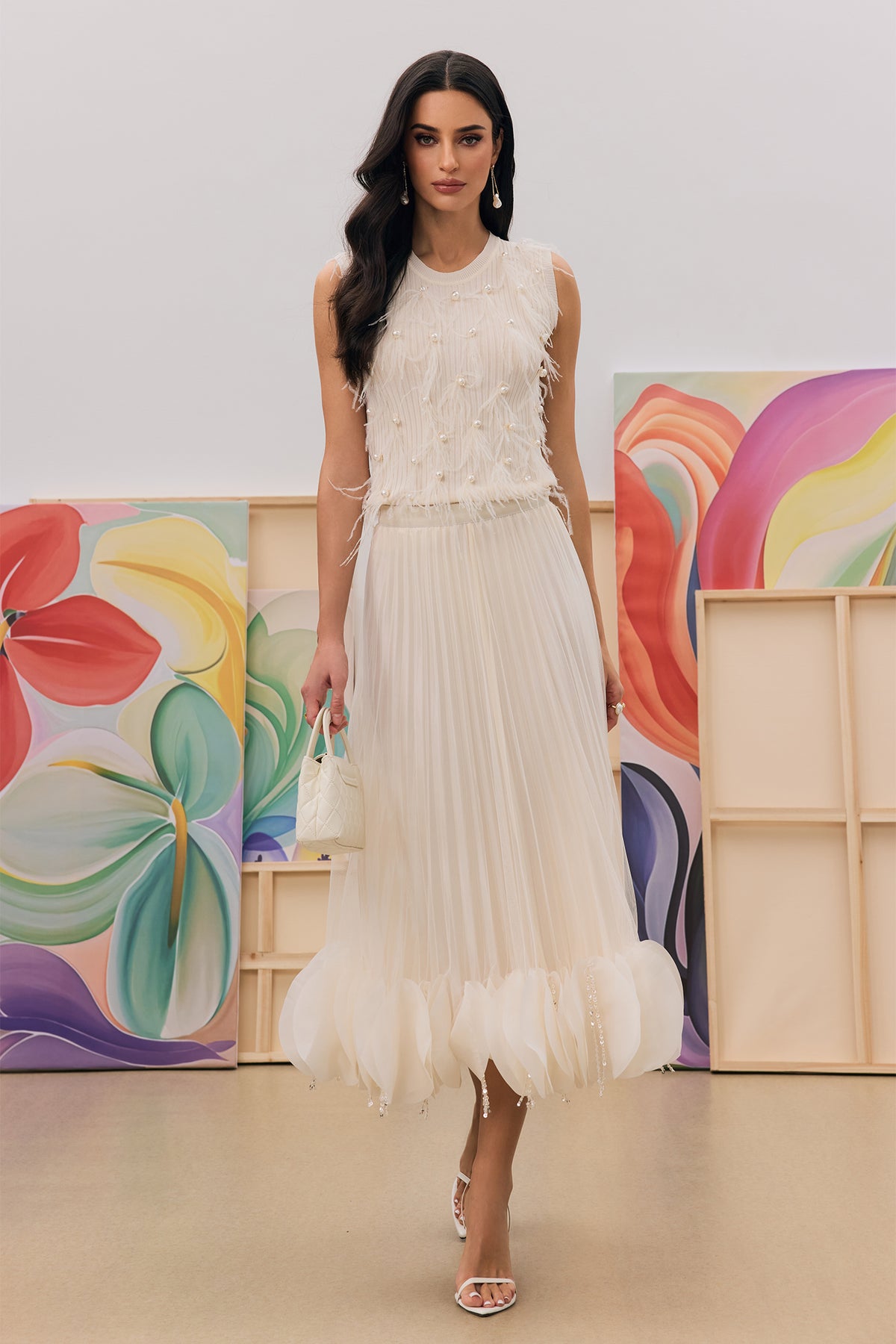 Cream Feather Pearl Embellished Sleeveless Rib Knit Tank Top