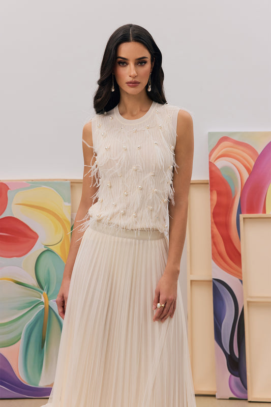 Cream Feather Pearl Embellished Sleeveless Rib Knit Tank Top