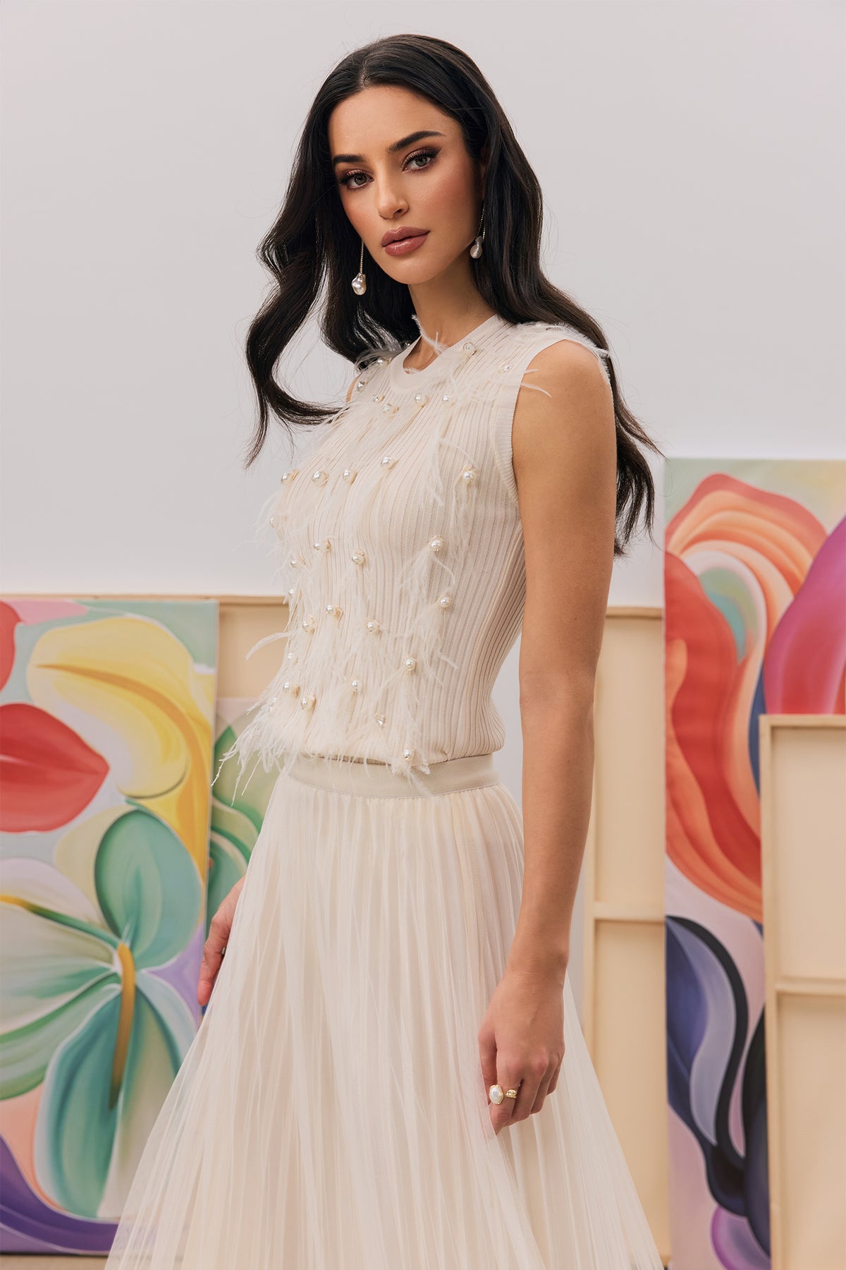 Cream Feather Pearl Embellished Sleeveless Rib Knit Tank Top