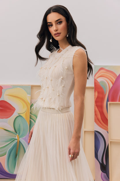 Cream Feather Pearl Embellished Sleeveless Rib Knit Tank Top
