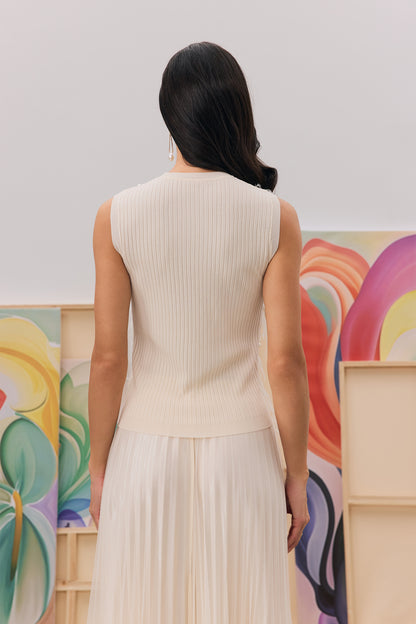 Cream Feather Pearl Embellished Sleeveless Rib Knit Tank Top