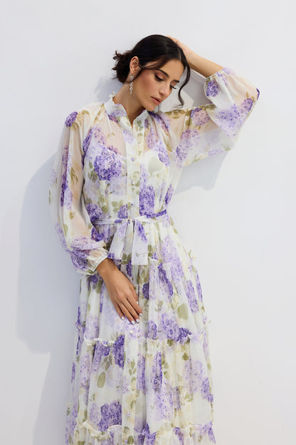 murray Floral Print Long Sleeve Chiffon Maxi Dress