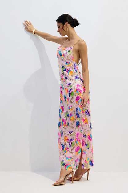 Fanny Embroidered Sequins Backless Maxi Dress